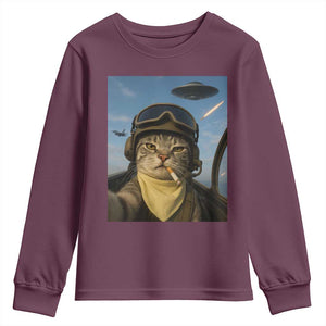 Cat Selfie With Alien UFO Youth Sweatshirt Retro Space Sci-Fi Cat Pilot TS10 Maroon Print Your Wear