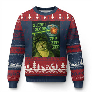 Funny UFO Alien Cat Selfie Ugly Christmas Sweater Retro Space Sci-Fi Cat Pilot TS10 Navy Red Print Your Wear
