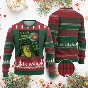 Funny UFO Alien Cat Selfie Ugly Christmas Sweater Retro Space Sci-Fi Cat Pilot TS10 Red Green Print Your Wear