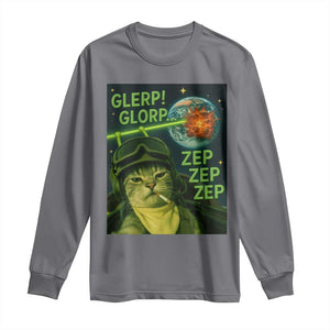Funny UFO Alien Cat Selfie Long Sleeve Shirt Retro Space Sci-Fi Cat Pilot TS10 Charcoal Print Your Wear