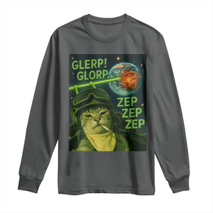 Funny UFO Alien Cat Selfie Long Sleeve Shirt Retro Space Sci-Fi Cat Pilot TS10 Dark Heather Print Your Wear