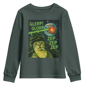 Funny UFO Alien Cat Selfie Youth Sweatshirt Retro Space Sci-Fi Cat Pilot TS10 Dark Forest Green Print Your Wear