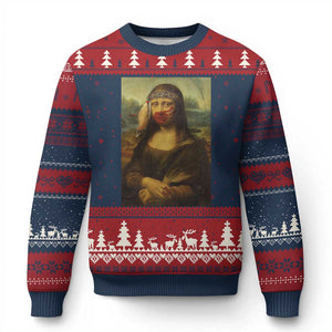 MMIW Awareness Ugly Christmas Sweater Mona Lisa Red Handprint Indigenous Woman Stop Stolen Sisters TS10 Navy Red Print Your Wear