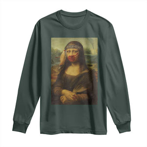 MMIW Awareness Long Sleeve Shirt Mona Lisa Red Handprint Indigenous Woman Stop Stolen Sisters TS10 Dark Forest Green Print Your Wear