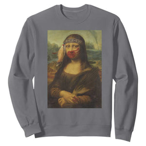 MMIW Awareness Sweatshirt Mona Lisa Red Handprint Indigenous Woman Stop Stolen Sisters TS10 Charcoal Print Your Wear