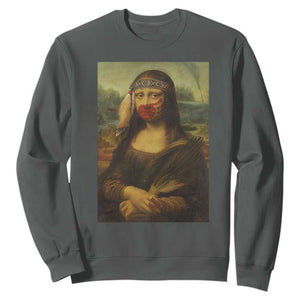 MMIW Awareness Sweatshirt Mona Lisa Red Handprint Indigenous Woman Stop Stolen Sisters TS10 Dark Heather Print Your Wear