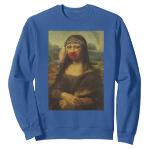 MMIW Awareness Sweatshirt Mona Lisa Red Handprint Indigenous Woman Stop Stolen Sisters TS10 Royal Blue Print Your Wear