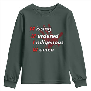 MMIW Youth Sweatshirt Missing Murdered Indigenous Women Red Hand TS10 Dark Forest Green Print Your Wear