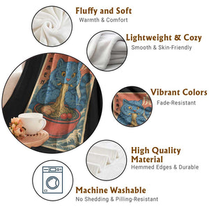 Anime Blue Cat Ramen Throw Blanket Vintage Japanese Art Funny Kawaii Demon Cat Tiger TS10 Print Your Wear