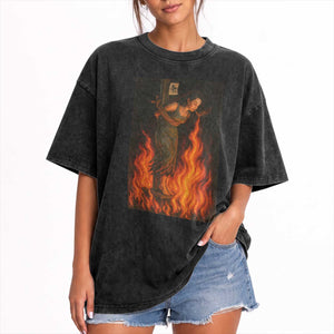 Funny Halloween Witch Washed Cotton T-Shirt Witch Lighting Cigarette With Flames Occult Unholy