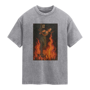 Funny Halloween Witch Washed Cotton T-Shirt Witch Lighting Cigarette With Flames Occult Unholy