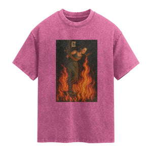 Funny Halloween Witch Washed Cotton T-Shirt Witch Lighting Cigarette With Flames Occult Unholy