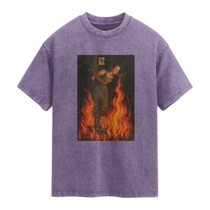 Funny Halloween Witch Washed Cotton T-Shirt Witch Lighting Cigarette With Flames Occult Unholy