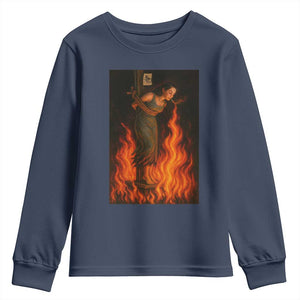 Funny Halloween Witch Youth Sweatshirt Witch Lighting Cigarette With Flames Occult Unholy TS10 Navy Print Your Wear