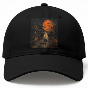 Halloween Spooky Ghost Biking Baseball Cap Vintage Ghost Riding Bicycle Gothic Moonlit Pumpkin Autumn Graphic
