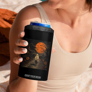 Halloween Spooky Ghost Biking 4 in 1 Can Cooler Tumbler Vintage Ghost Riding Bicycle Gothic Moonlit Pumpkin Autumn Graphic
