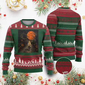 Halloween Spooky Ghost Biking Ugly Christmas Sweater Vintage Ghost Riding Bicycle Gothic Moonlit Pumpkin Autumn Graphic