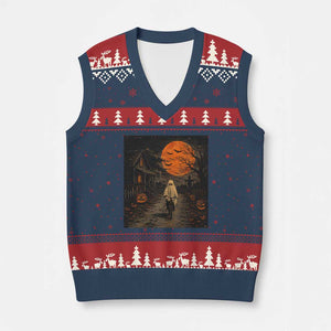 Halloween Spooky Ghost Biking V-Neck Knit Sweater Vest Vintage Ghost Riding Bicycle Gothic Moonlit Pumpkin Autumn Graphic