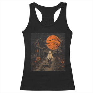 Halloween Spooky Ghost Biking Racerback Tank Top Vintage Ghost Riding Bicycle Gothic Moonlit Pumpkin Autumn Graphic