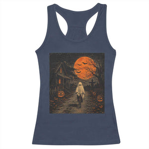 Halloween Spooky Ghost Biking Racerback Tank Top Vintage Ghost Riding Bicycle Gothic Moonlit Pumpkin Autumn Graphic
