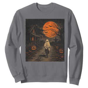 Halloween Spooky Ghost Biking Sweatshirt Vintage Ghost Riding Bicycle Gothic Moonlit Pumpkin Autumn Graphic