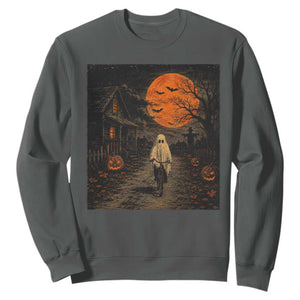 Halloween Spooky Ghost Biking Sweatshirt Vintage Ghost Riding Bicycle Gothic Moonlit Pumpkin Autumn Graphic