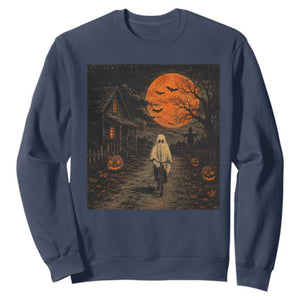 Halloween Spooky Ghost Biking Sweatshirt Vintage Ghost Riding Bicycle Gothic Moonlit Pumpkin Autumn Graphic