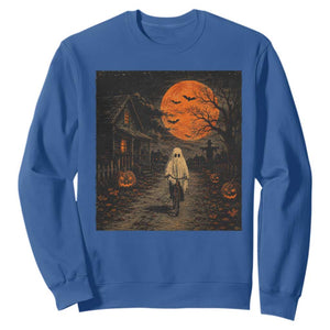 Halloween Spooky Ghost Biking Sweatshirt Vintage Ghost Riding Bicycle Gothic Moonlit Pumpkin Autumn Graphic
