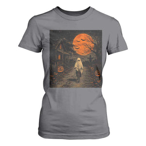 Halloween Spooky Ghost Biking T Shirt For Women Vintage Ghost Riding Bicycle Gothic Moonlit Pumpkin Autumn Graphic