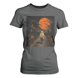 Halloween Spooky Ghost Biking T Shirt For Women Vintage Ghost Riding Bicycle Gothic Moonlit Pumpkin Autumn Graphic