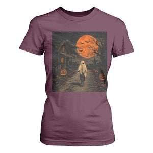 Halloween Spooky Ghost Biking T Shirt For Women Vintage Ghost Riding Bicycle Gothic Moonlit Pumpkin Autumn Graphic