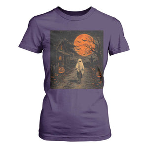 Halloween Spooky Ghost Biking T Shirt For Women Vintage Ghost Riding Bicycle Gothic Moonlit Pumpkin Autumn Graphic