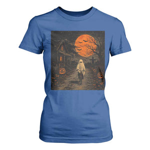 Halloween Spooky Ghost Biking T Shirt For Women Vintage Ghost Riding Bicycle Gothic Moonlit Pumpkin Autumn Graphic