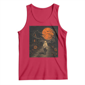 Halloween Spooky Ghost Biking Tank Top Vintage Ghost Riding Bicycle Gothic Moonlit Pumpkin Autumn Graphic