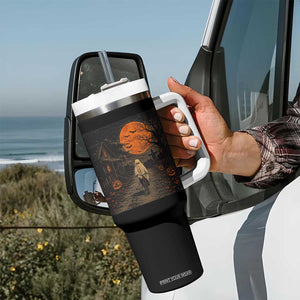 Halloween Spooky Ghost Biking Tumbler With Handle Vintage Ghost Riding Bicycle Gothic Moonlit Pumpkin Autumn Graphic