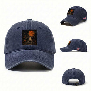 Halloween Spooky Ghost Biking Washed Cotton Baseball Cap Vintage Ghost Riding Bicycle Gothic Moonlit Pumpkin Autumn Graphic