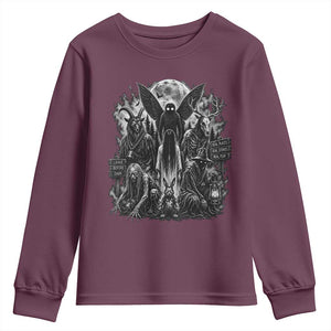 Cryptid Monsters Urban Legends Youth Sweatshirt Vintage Dark Folklore Leave Before Dark Graphic