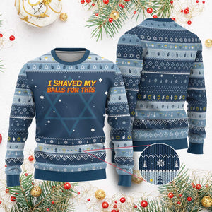 I Shaved My Balls For This Hanukkah Ugly Sweater Funny Rude Meme Exchange Gag Gift TS10 Navy Light Blue Print Your Wear