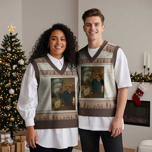 Funny Exorcist Cat Meme V-Neck Knit Sweater Vest Dark Humor Cat TS10 Mocha Mousse Print Your Wear