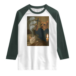 Funny Exorcist Cat Meme Raglan Shirt Dark Humor Cat TS10 White Dark Forest Green Print Your Wear