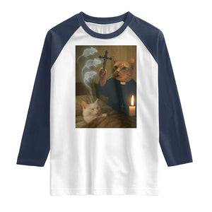 Funny Exorcist Cat Meme Raglan Shirt Dark Humor Cat TS10 White Navy Print Your Wear