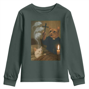 Funny Exorcist Cat Meme Youth Sweatshirt Dark Humor Cat TS10 Dark Forest Green Print Your Wear