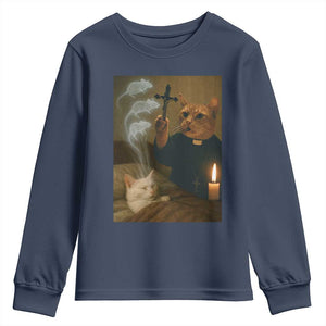 Funny Exorcist Cat Meme Youth Sweatshirt Dark Humor Cat TS10 Navy Print Your Wear