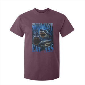 Retro Sharks T Shirt For Kid Swim Fast Eat Ass Vintage 90s Bootleg Graphic TS10 Maroon Print Your Wear