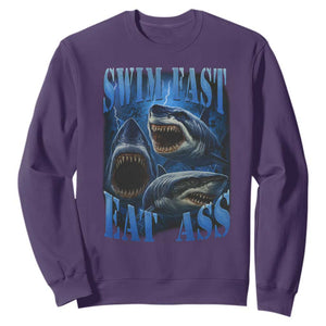 Retro Sharks Sweatshirt Swim Fast Eat Ass Vintage 90s Bootleg Graphic TS10 Purple Print Your Wear