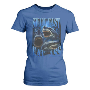 Retro Sharks T Shirt For Women Swim Fast Eat Ass Vintage 90s Bootleg Graphic TS10 Royal Blue Print Your Wear