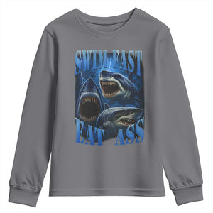 Retro Sharks Youth Sweatshirt Swim Fast Eat Ass Vintage 90s Bootleg Graphic TS10 Charcoal Print Your Wear