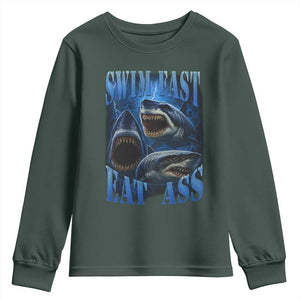 Retro Sharks Youth Sweatshirt Swim Fast Eat Ass Vintage 90s Bootleg Graphic TS10 Dark Forest Green Print Your Wear