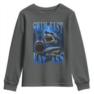 Retro Sharks Youth Sweatshirt Swim Fast Eat Ass Vintage 90s Bootleg Graphic TS10 Dark Heather Print Your Wear