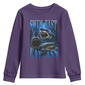 Retro Sharks Youth Sweatshirt Swim Fast Eat Ass Vintage 90s Bootleg Graphic TS10 Purple Print Your Wear